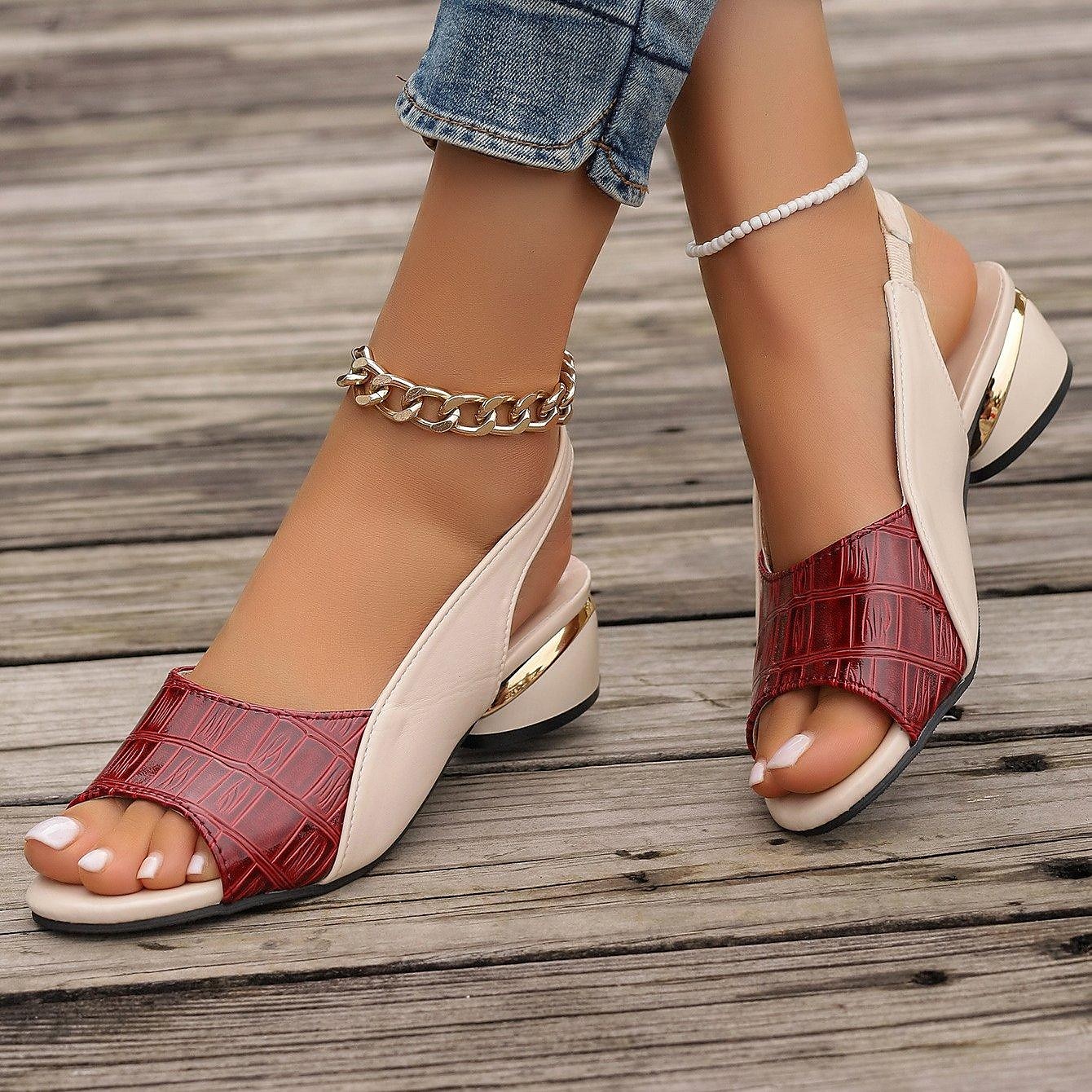 Women's Green and Beige Open-Toe Slingback Sandals – Crocodile Pattern Design with Gold Heel Accents for Casual and Elegant Summer Outfits 2025 - $32.99 –P4