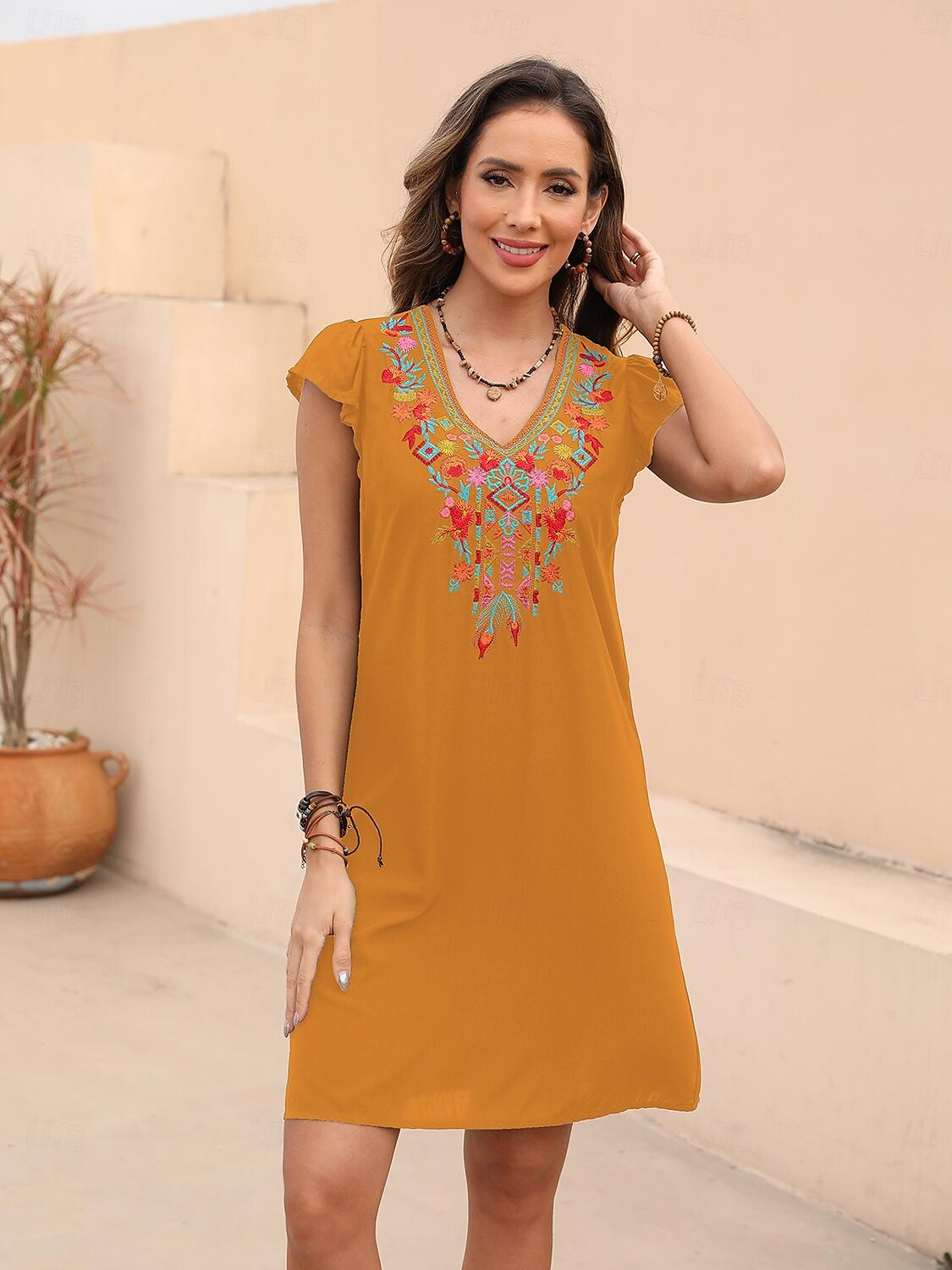 Dam Svart klänning Mini klänning Broderad Cocktailfest Datum Semester Ledigt Boho V-hals Kortärmad Fjäril Svart Vit Orange Färg 2025 - $29.99 –P13