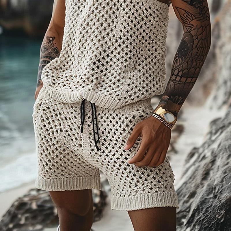 Men's T-shirt Suits 2 Piece Summer Tracksuit Set Casual Sleeveless Suit Crew Neck Summer Knitwear Bohemia Vacation Knitted Vacation Black Brown Beige Top Tee for Men 2025 - $37.99 –P4