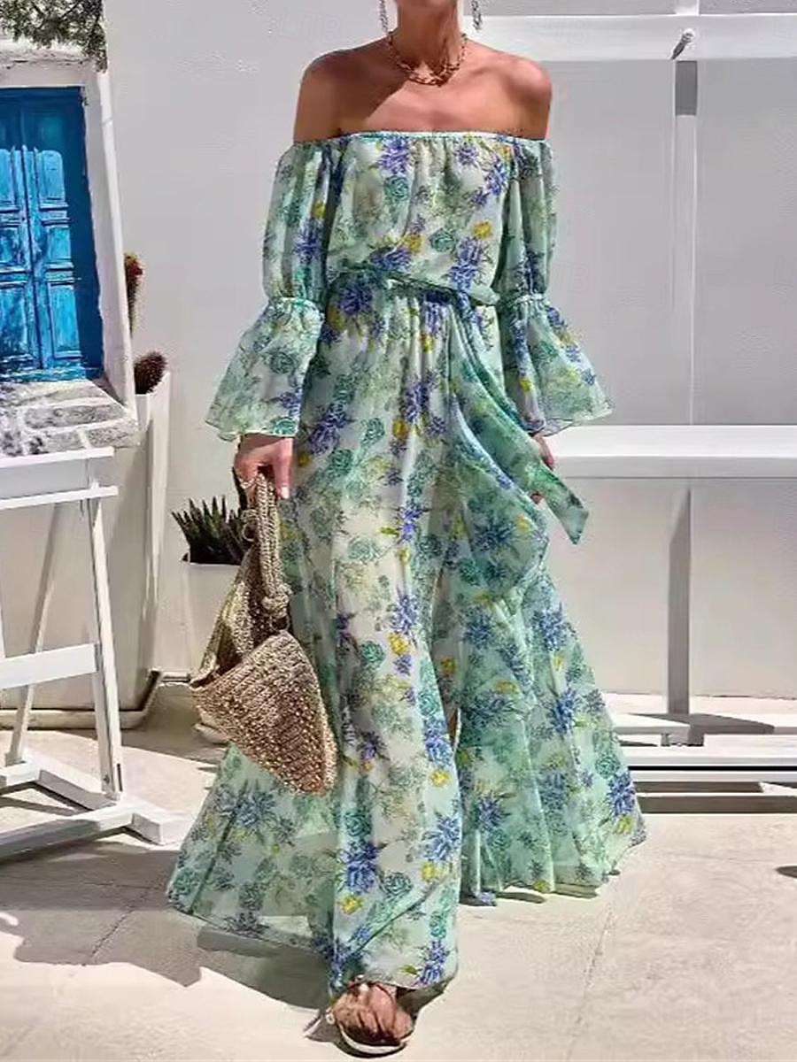 Női Hosszú ruha Maxi ruha hétköznapi ruha Swing ruha A vonalú ruha nyári ruha Stílusos Alkalmi Boho Vakáció Napi Randi Normál Virágos Hosszú ujj Aszimmetrikus Világoszöld Nyár 2025 - $41.99 –P3