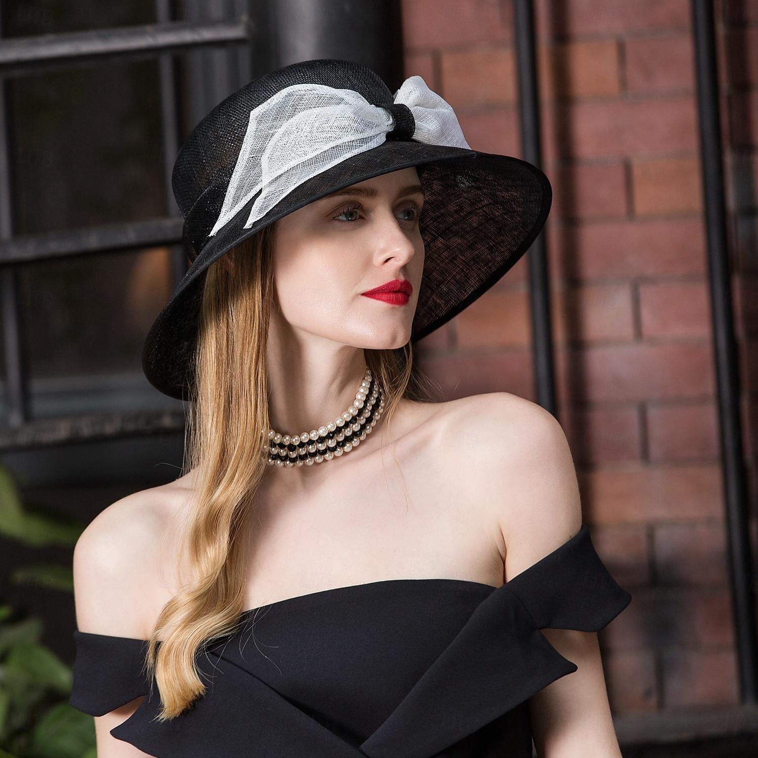 cappelli cappello a bombetta / cloche in lino cappello a secchiello cappello da sole matrimonio tea party matrimonio elegante con copricapo bowknot copricapo del 2025 a $52.99 –P4