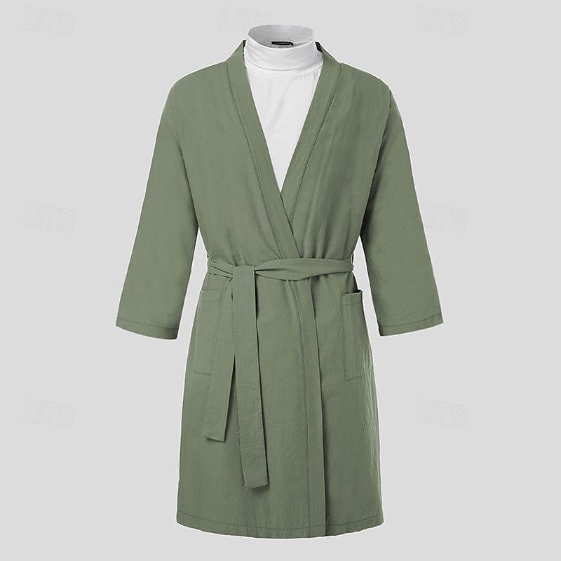 Per uomo Pigiami Accappatoio Liscio Di tendenza Moda Classico Interni Giornaliero Da letto Cotone Comfort Morbido A V Manica lunga Cintura inclusa Estate Primavera Verde del 2025 a $22.99 –P4