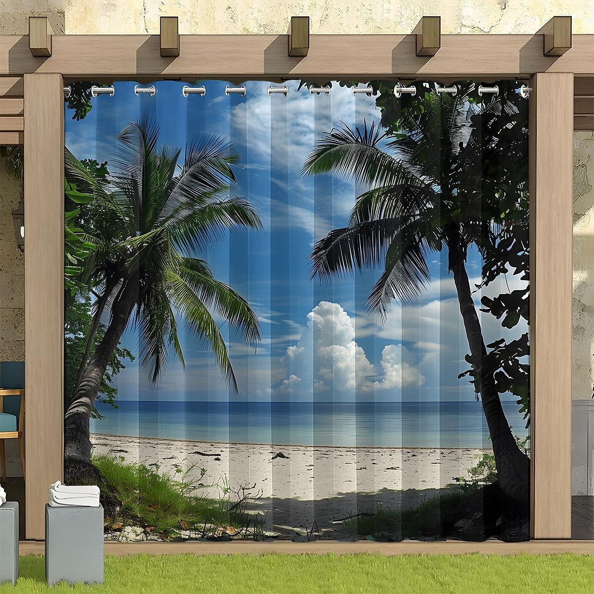 Wasserdichter Outdoor Vorhang Sichtschutzvorhang für den Außenbereich, Schiebevorhänge für die Terrasse, Pergola mit Ösen, Strand-Palmen-Landschaft für Pavillon, Balkon, Veranda, Party, 1 Panel 2025 - $37.99 –P10