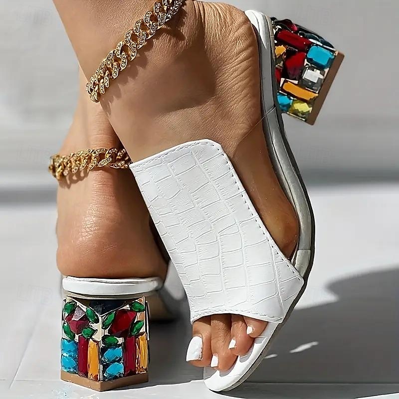 sandali bianchi da donna con punta aperta e stampa coccodrillo – eleganti tacchi a blocco slip-on con decorazioni in strass colorati per feste ed estate del 2025 a $29.99 –P2