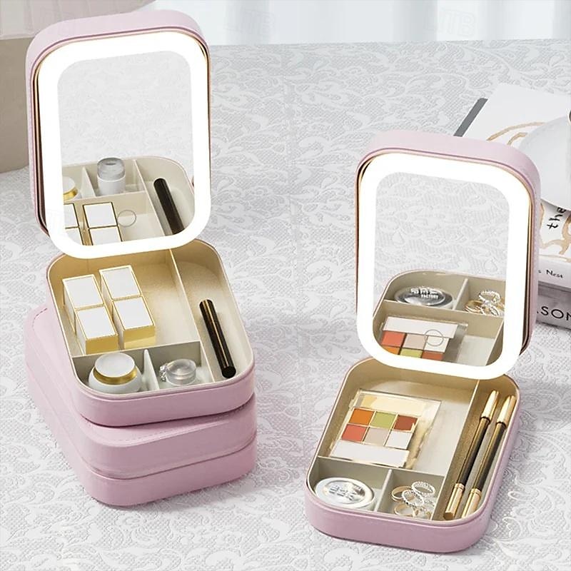 LED Lighted Makeup Mirror with Adjustable Brightness, Portable Vanity Mirror with Built-in Organizer, Travel Cosmetic Case with Jewelry Storage, USB Rechargeable 2025 - $35.99 –P6