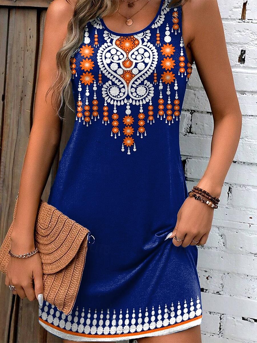 Rochie Mini pentru Femei Rochie Mică Rochie de Plajă Rochie Tip Tank Rochie de Vară Boho Vacanță Zi cu Zi Sărbătoare Ajustare Normală Geometrică Fără Mâneci Guler Rotund Albastru Vară 2025 - $21.99 –P3