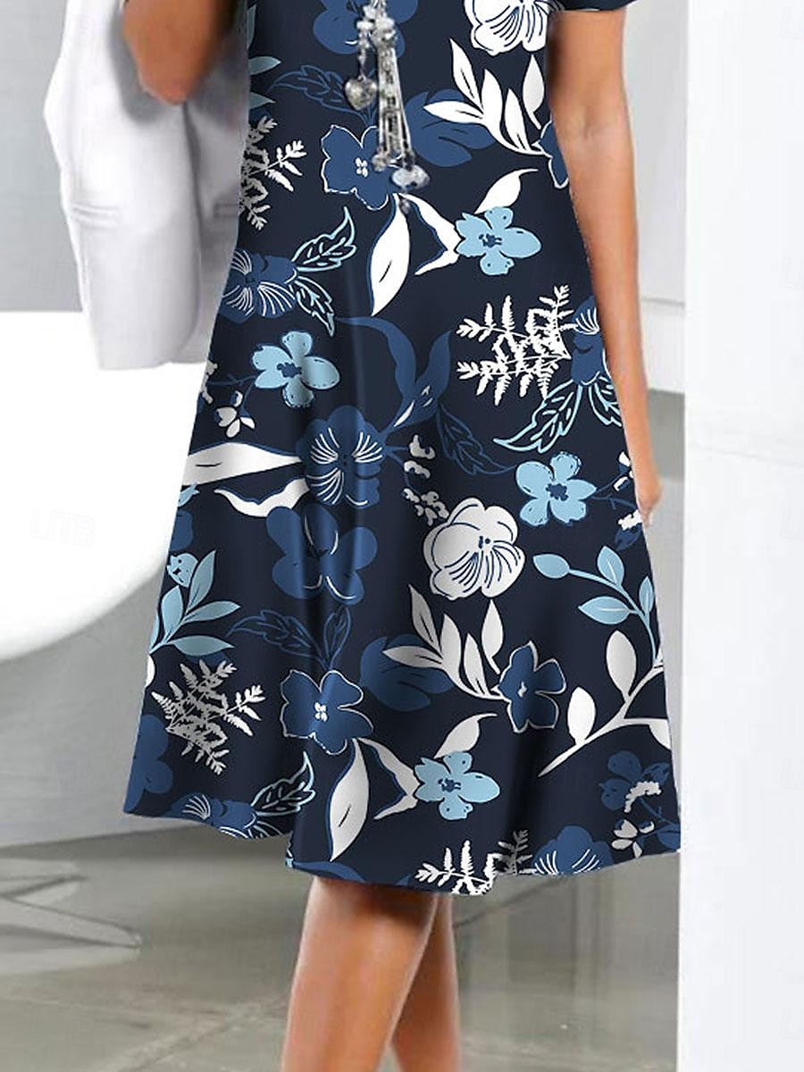 Naisten Midimekko Tpaitamekko Väljä mekko A linjainen mekko Kesämekko Tyylikäs Päivittäin Loose Fit Kukka Lyhythihainen Tiukka pyöreä kaula-aukko Sininen Kesä 2025 - $23.99 –P3