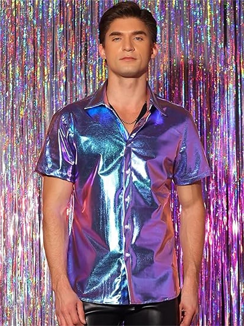 Metallisch 1980er Glänzendes Latex-Patent Hemd Disco Herren Karnevalskostüm Halloween Karneval Maskerade Party / Abend Pride Parade Pride-Monat Erwachsene Hemd 2025 - $24.99 –P4