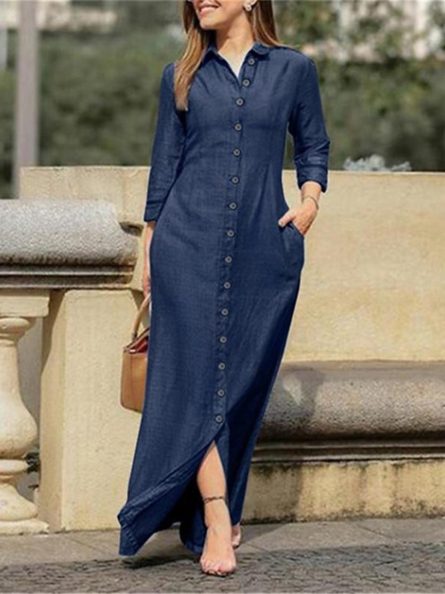 Damskie Dżinsowe sukienki Sukienka koszulowa Sukienka maxi Biuro Jeans Podstawowy Formalny Kołnierzyk koszuli Guzik Kieszeń Długi rękaw Lato Wiosna Regularny Równina 2025 - $39.99 –P2