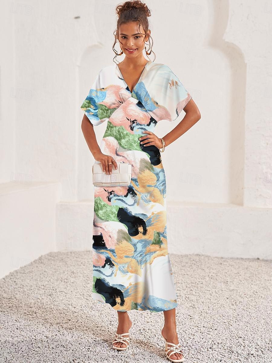 Women's Wedding Guest Dress Elegant Tie Dye Maxi Dress Short Sleeve V Neck Print Loose Fit Daily White Blue Purple Summer Dress 2025 - $59.99 –P1
