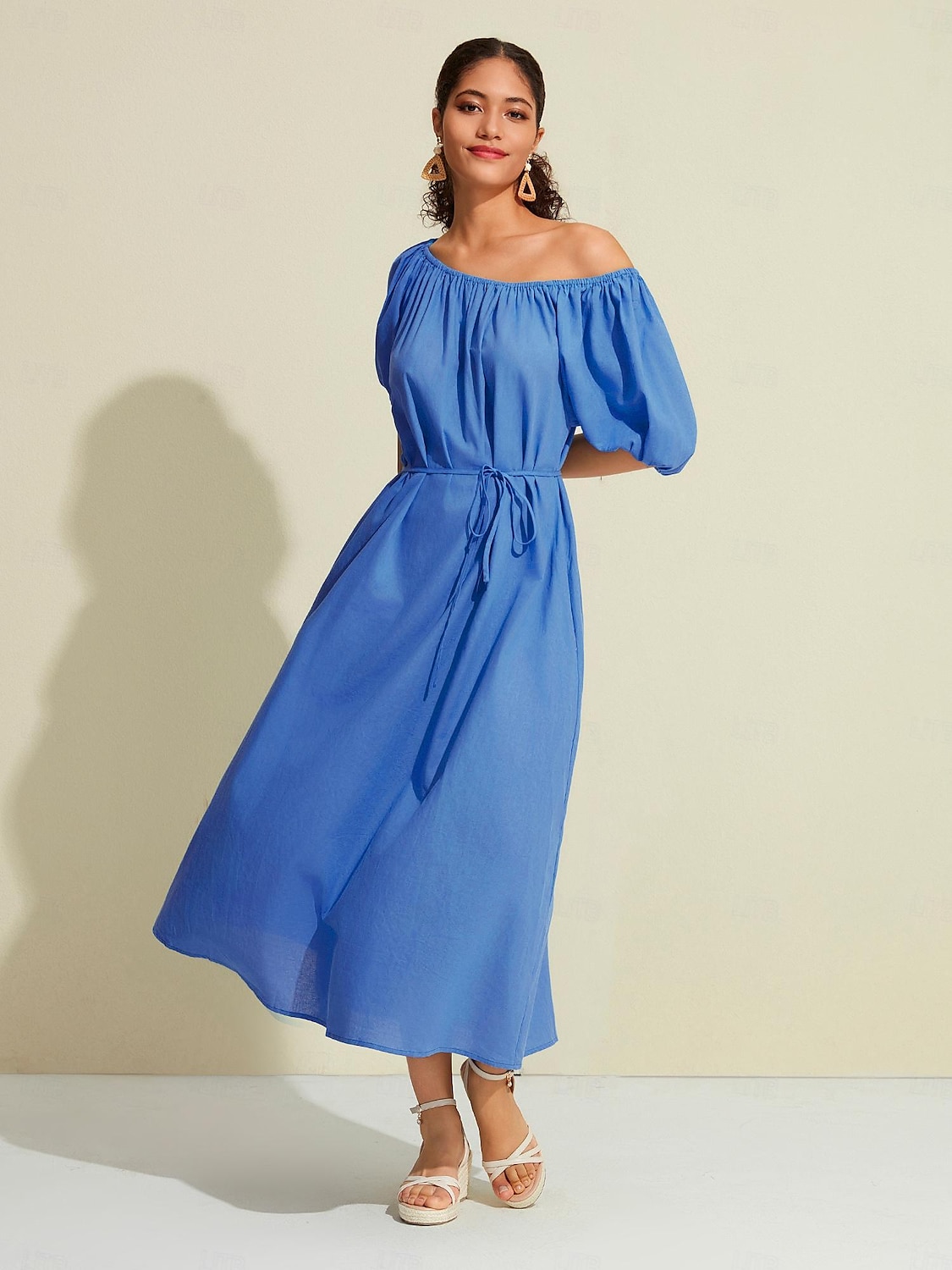 kvinners maxikjole i bomull fritidsklær feriekjole grønn løs passform off-shoulder puffermer en linje sommerkjole 2025 - $52.99 –P8