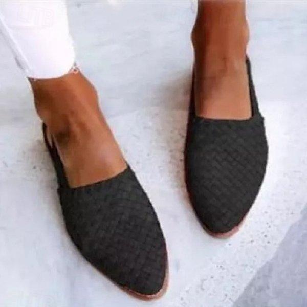 Women's Black Woven Flat Mules with Adjustable Slingback Strap - Stylish Summer Casual Shoes 2025 - €27.99 –P7