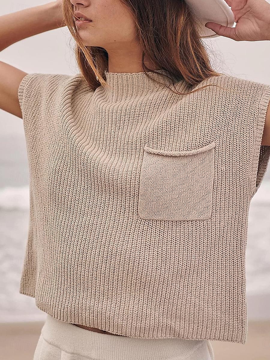 Mujer Chaleco suéter Elegante Casual Color sólido Estriado Cuello Alto Bolsillo Mangas cortas Tops regulares Tejer Trabajo Negro Verde Ejército Verano 2025 - $29.99 –P3