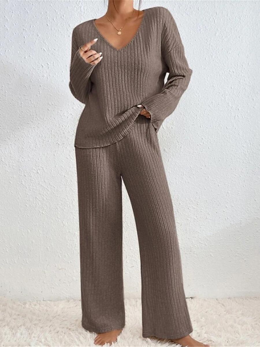 dames pyjama sets pure kleur mode comfort thuis dagelijks bed brei ademend v draad lange mouwen broek elastische taille lente herfst zwart kameel thuis outfits 2025 - $26.99 –P2