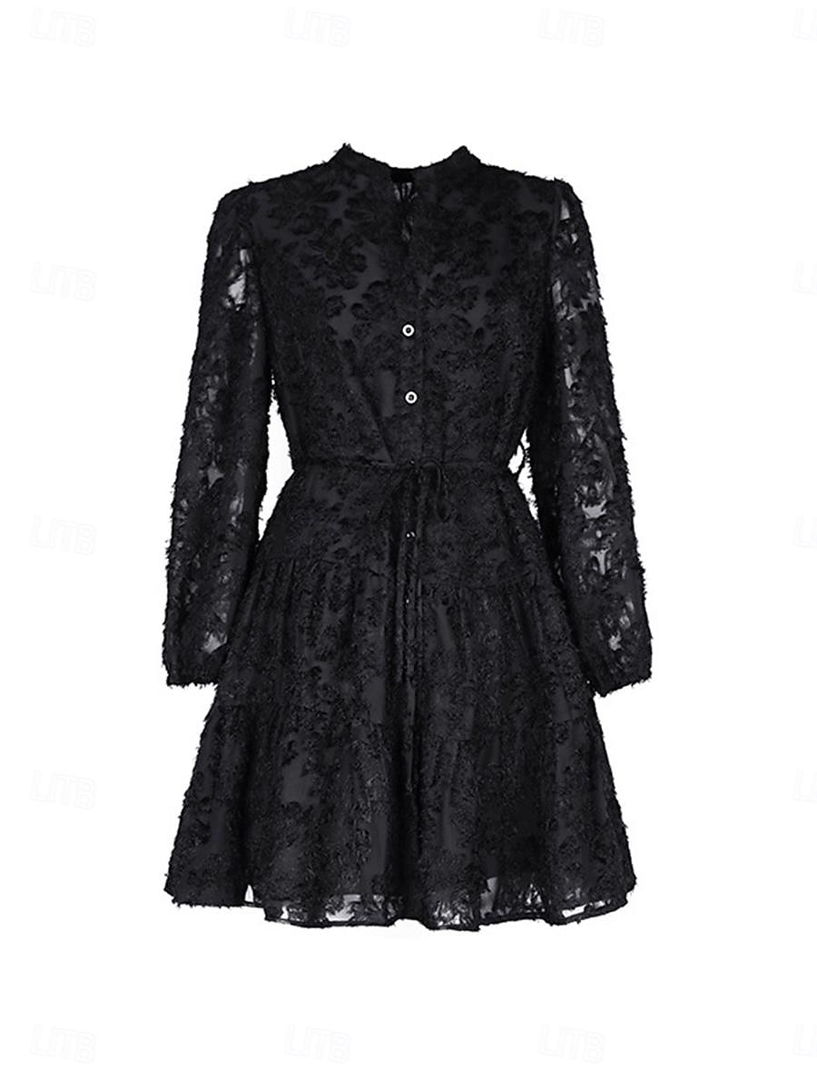 Damen Spitzenkleid Minikleid Angeschnallt Ausgefallene Ständer Langarm Schwarz Wein Marineblau Farbe 2025 - $57.99 –P9
