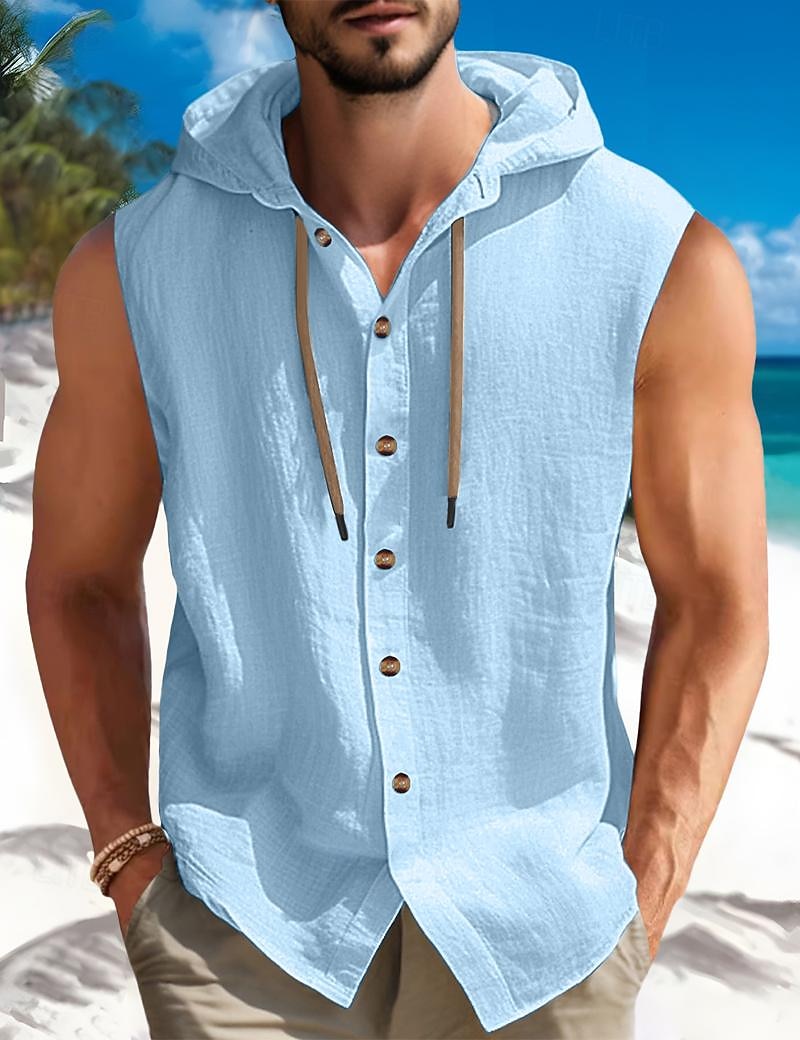 Per uomo Camicia Camicia estiva Abbigliamento mare Camicia con bottoni Liscio Da mare Curise Nero Bianco Blu Cachi Senza maniche Con cappuccio Estate Primavera Abbigliamento del 2025 a $22.99 –P2