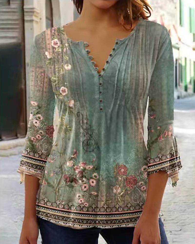 dameskjorte bluse tilfeldig blomsterknapper print 3/4 lengde erme vanlige topper rund hals ferie daglig hvit rosa blå grønn vår & sommer 2025 - $23.99 –P3