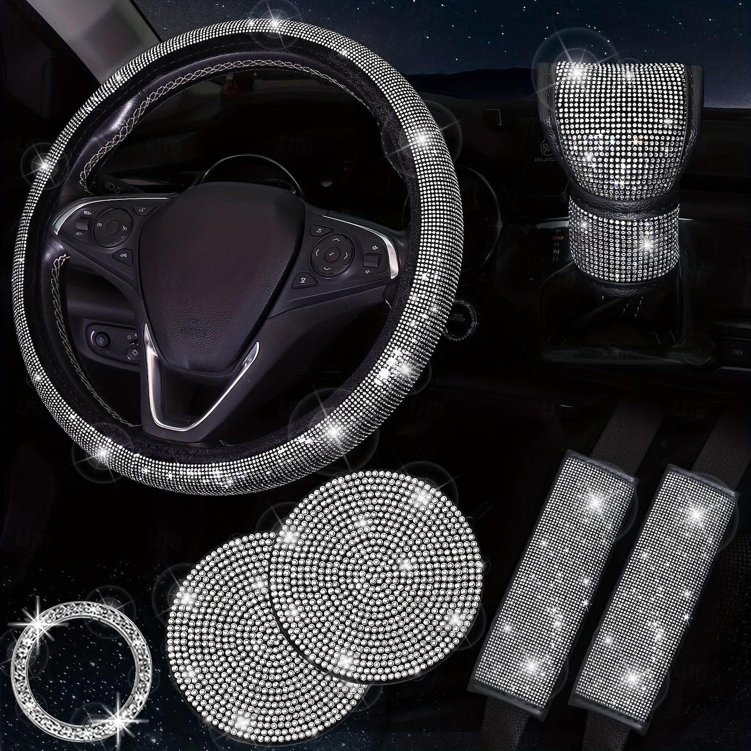 Set da 7 pezzi/set di accessori per auto scintillanti da donna - include sottobicchieri coprivolante, cuscinetti per cinture di sicurezza, adesivo con emblema e copertura del cambio - aggiungi del 2025 a $25.99 –P1