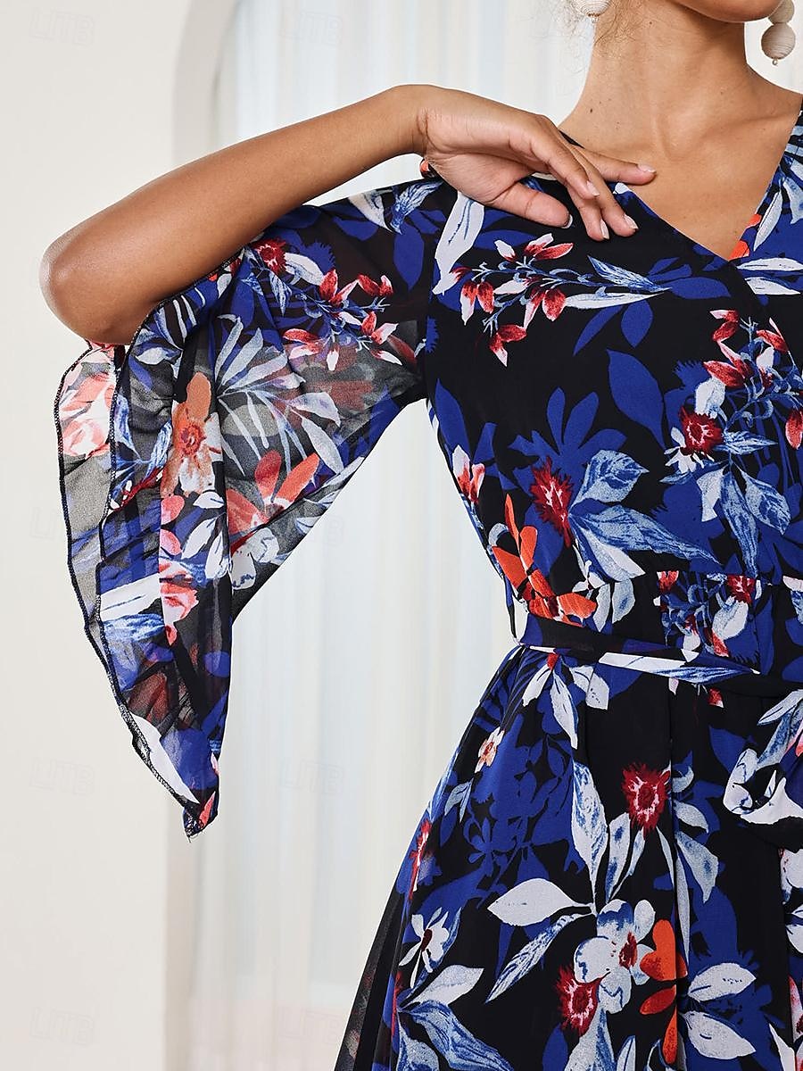 Damen Minikleid A Linie Kleid Stilvoll Urlaub Täglich Lockere Passform Blumen Halbe Ärmel V Ausschnitt Dunkelblau Sommer 2025 - $39.99 –P3