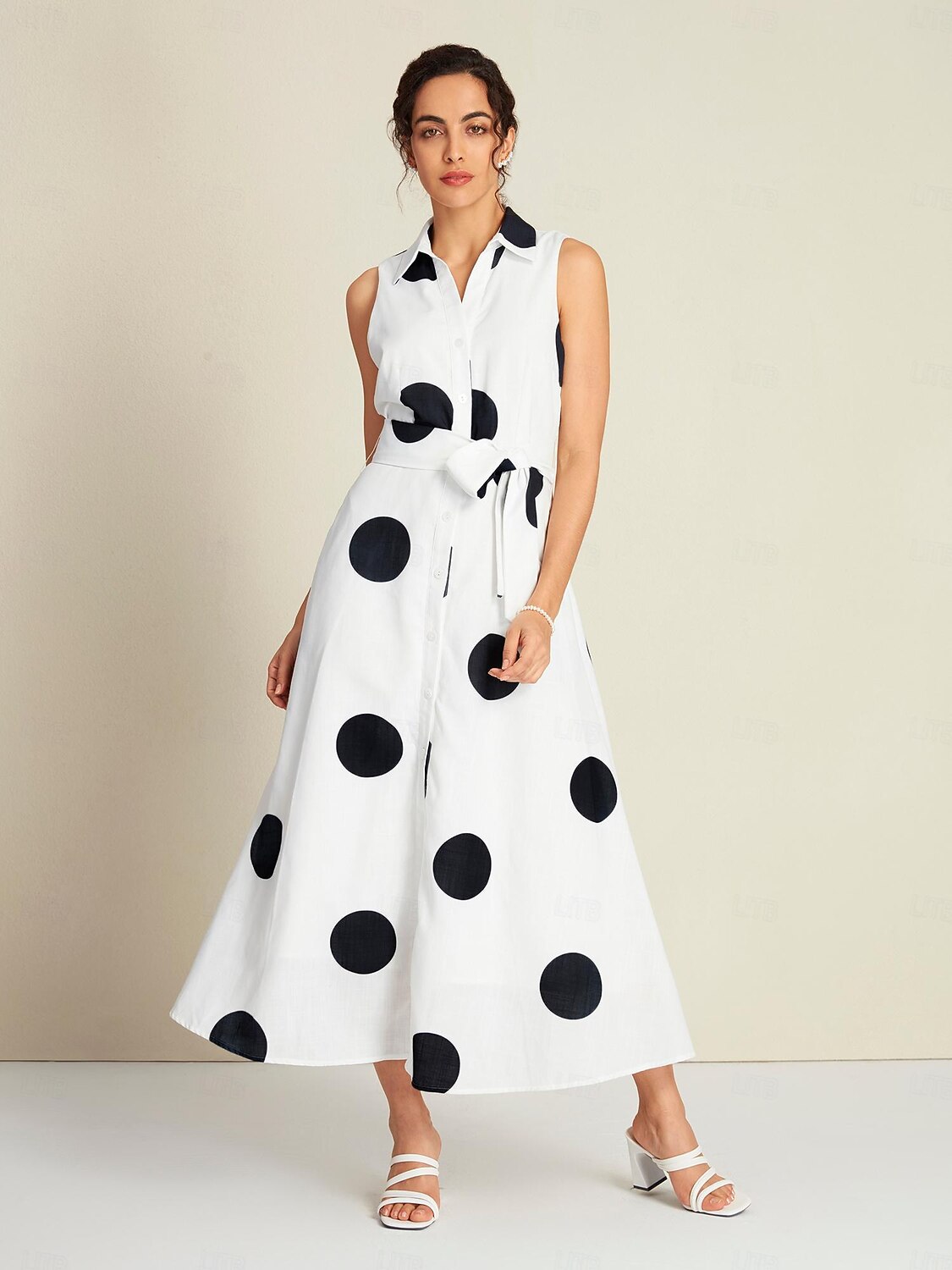 Damen blusenkleid Saum Maxi Maxidress Weiß Ärmellos Punkt Tasche Bindegürtel Sommer Kargen Casual S M L 2025 - $24.69 –P8