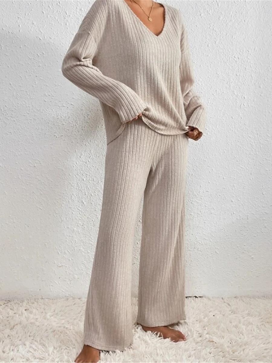 dames pyjama sets pure kleur mode comfort thuis dagelijks bed brei ademend v draad lange mouwen broek elastische taille lente herfst zwart kameel thuis outfits 2025 - $26.99 –P11