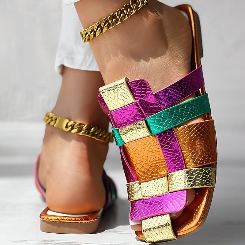 sandálias femininas coloridas de tiras metálicas – sapatilhas vibrantes com estampa de cobra para uso casual no verão e em festivais de 2026 por $24.99 –P2