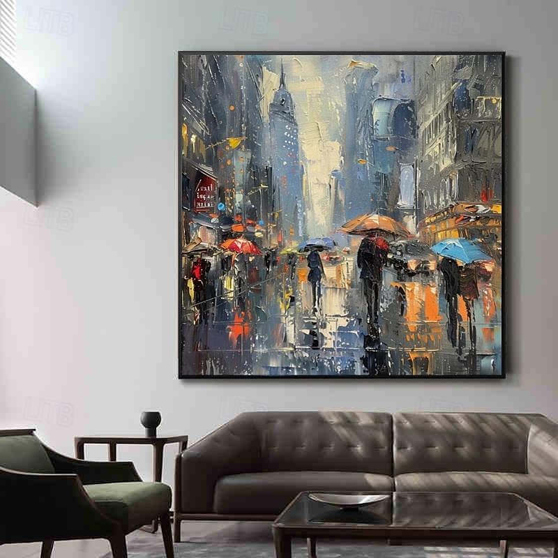 chodec s deštníky v deštivém městě malba olejomalba ručně malovaná deštivé město olejomalba ručně vyráběná panoráma města umění městská malba plátno domácí dekorace natažený rám připravený k zavěšení 2026 - $101.99 –P5