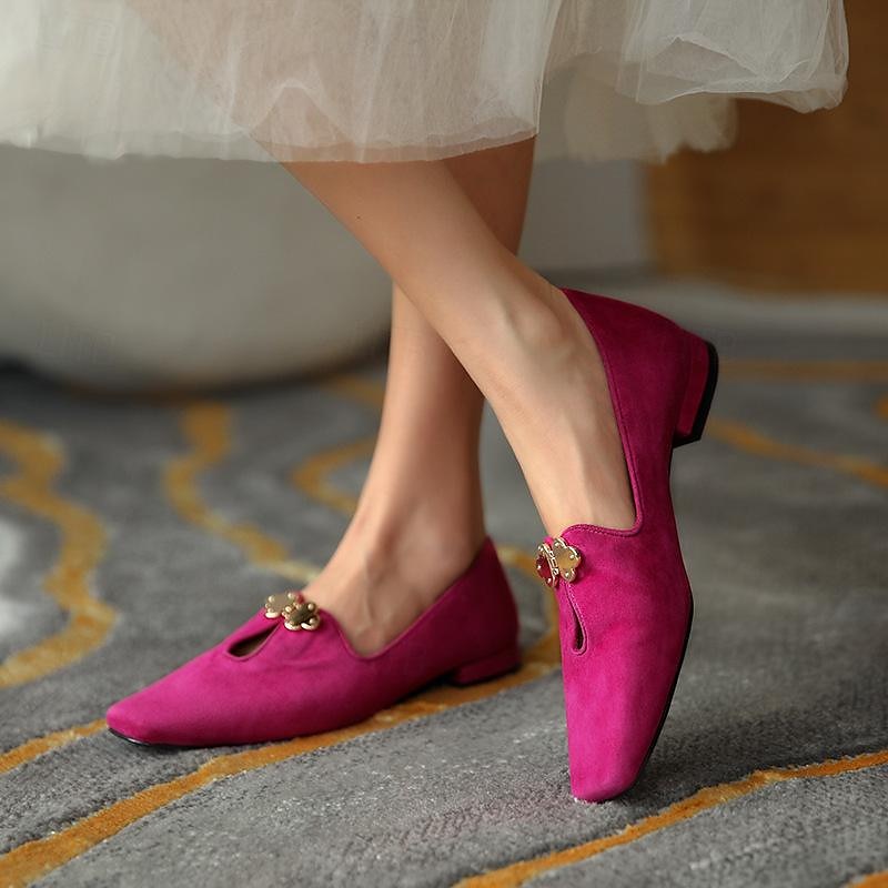 Women's Fuchsia Suede Ballet Flats – Elegant Vintage Style Loafers with Floral Buckle for Office, Tea Party & Daily Wear 2025 - $42.99 –P5