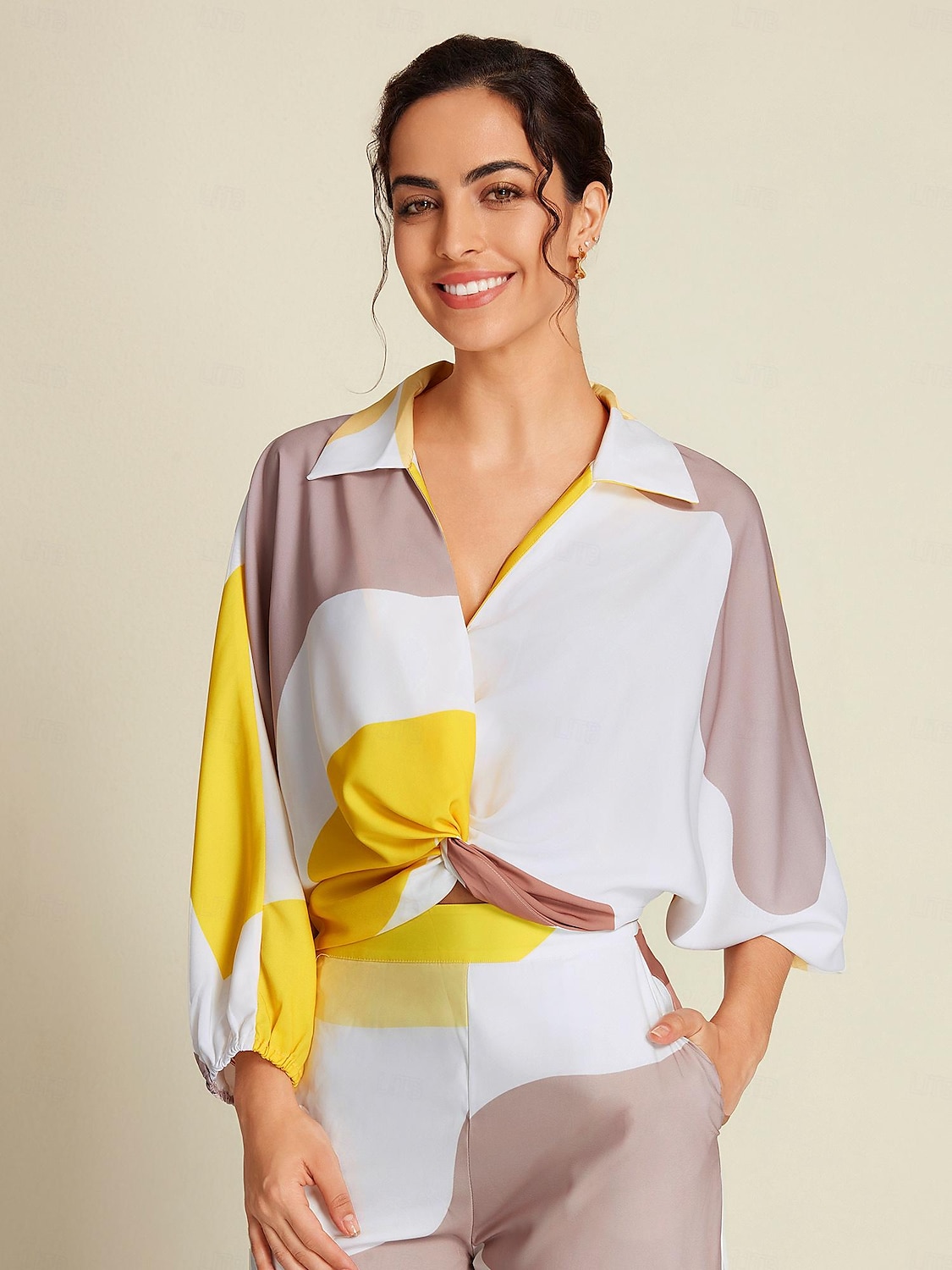 Satin Contrast Knot Front Balloon Sleeve Shirt 2025 - $41.99 –P6