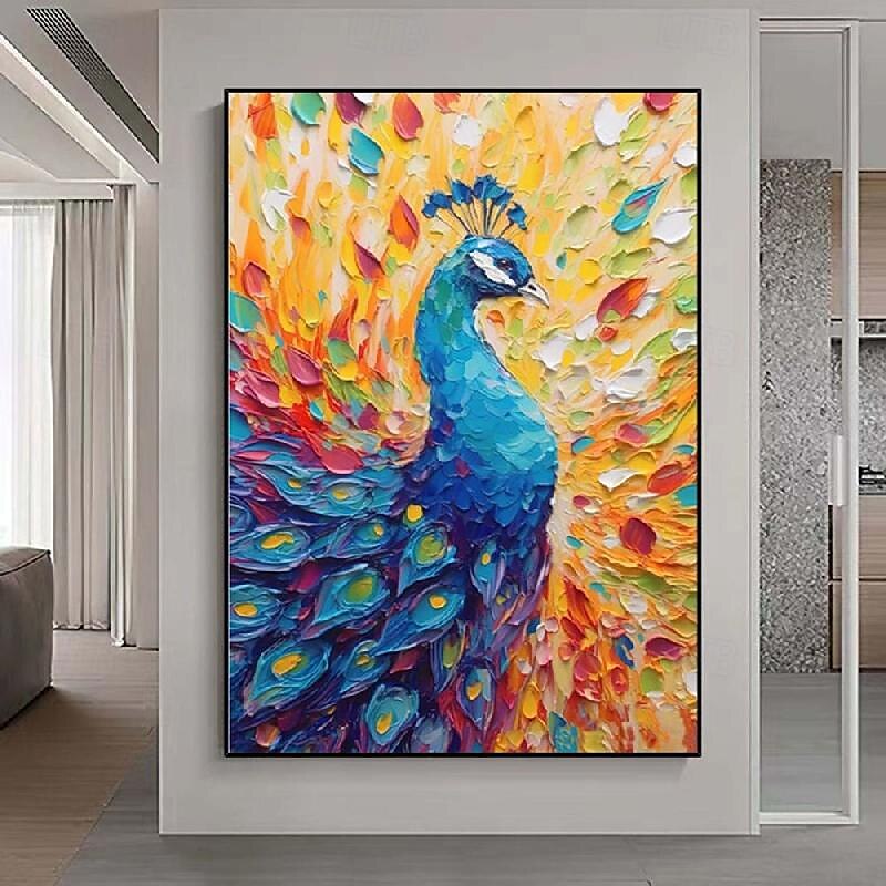 Pfauengemälde, Vogelkunst, Ölgemälde, handgefertigt, farbenfrohes Pfauen-Impasto-Kunstwerk, helles Ölgemälde, Wandkunst, Palettenmesser, heller Vogel, 3D-Strukturkunst, Gemälde für Schlafzimmer, 2025 - $116.99 –P9