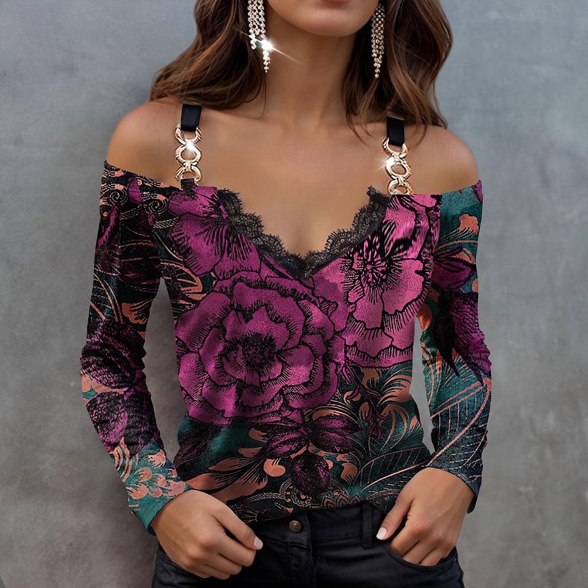 Női Blúz Hosszú Ujjú V Nyak Divatos Virágmintás Hideg Vállú Normál Pólók Off Shoulder Hétköznapi Ünnepi Piros Kék Lila Tavasz  Ősz 2025 - $29.99 –P5