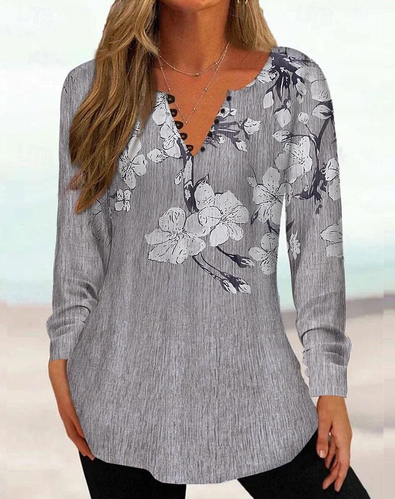 Kvinne Tunika Skjorte Henley Skjorte Bluse Tunika Basic Blomster Knappe Print Lang Erm Regular Tops Rund Hals Casual Ferie Gul Rosa Grønn Grå Lys Blå Vår Høst 2025 - $21.99 –P6