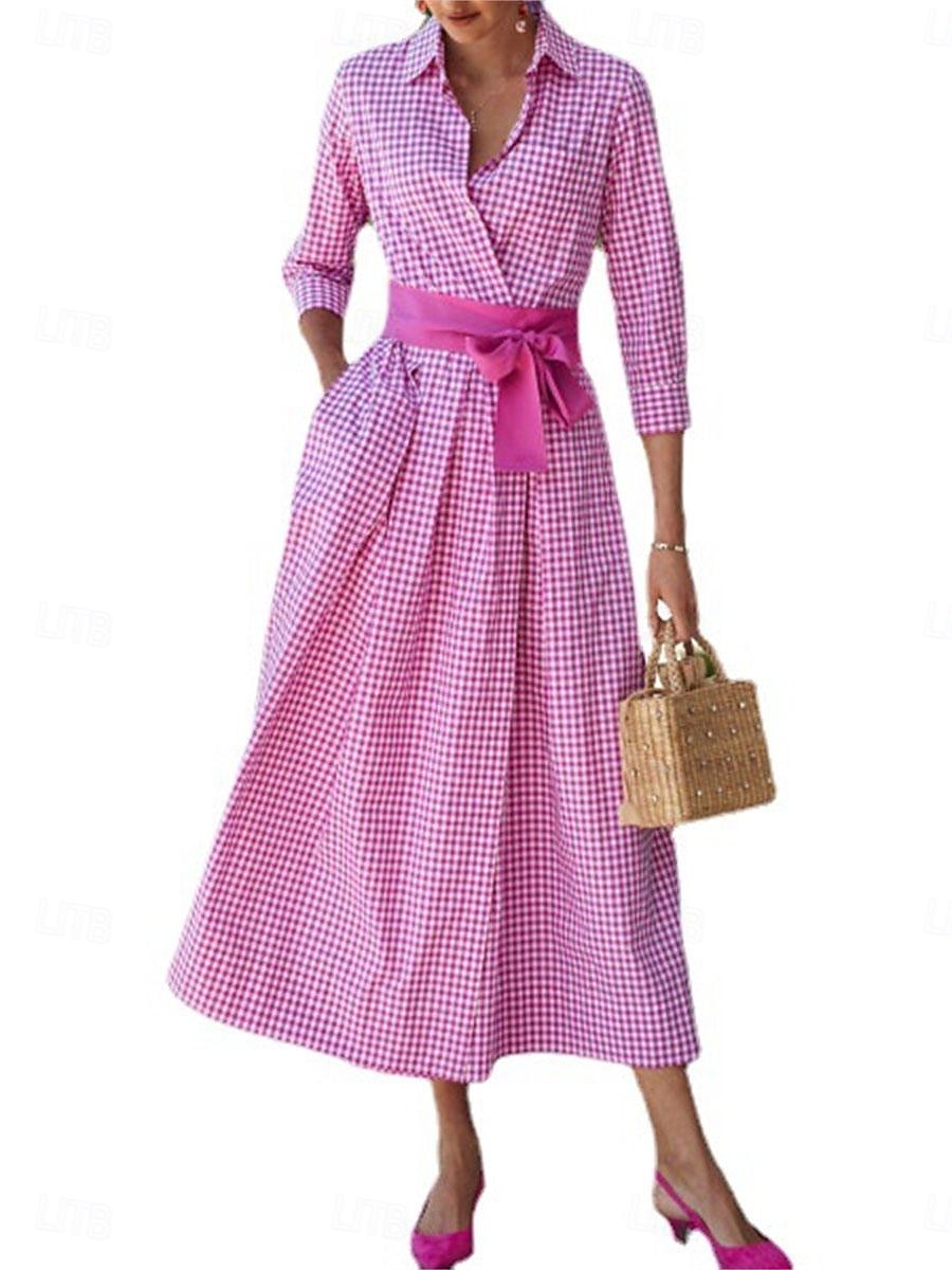 abito camicia da donna abito casual abito lungo maxi data vacanza moderno casual colletto camicia allacciatura bottone manica lunga estate primavera vestibilità regolare plaid del 2025 a $52.99 –P3