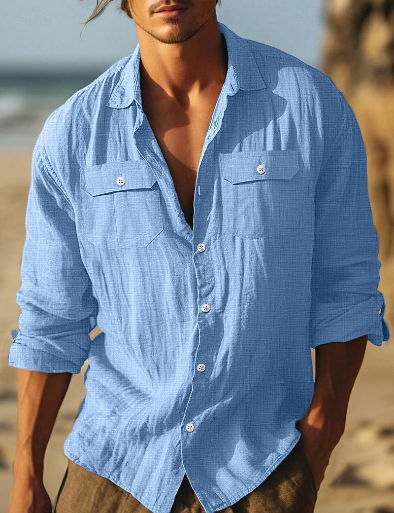 Homme Chemise Chemise en lin et coton Chemisette Chemise d'été Tenues de plage Chemise décontractée Chemise boutonnée Plein Vacances Curise Noir Blanche Bleu clair manche longue Revers Printemps été de 2026 ? $26.99 –P5
