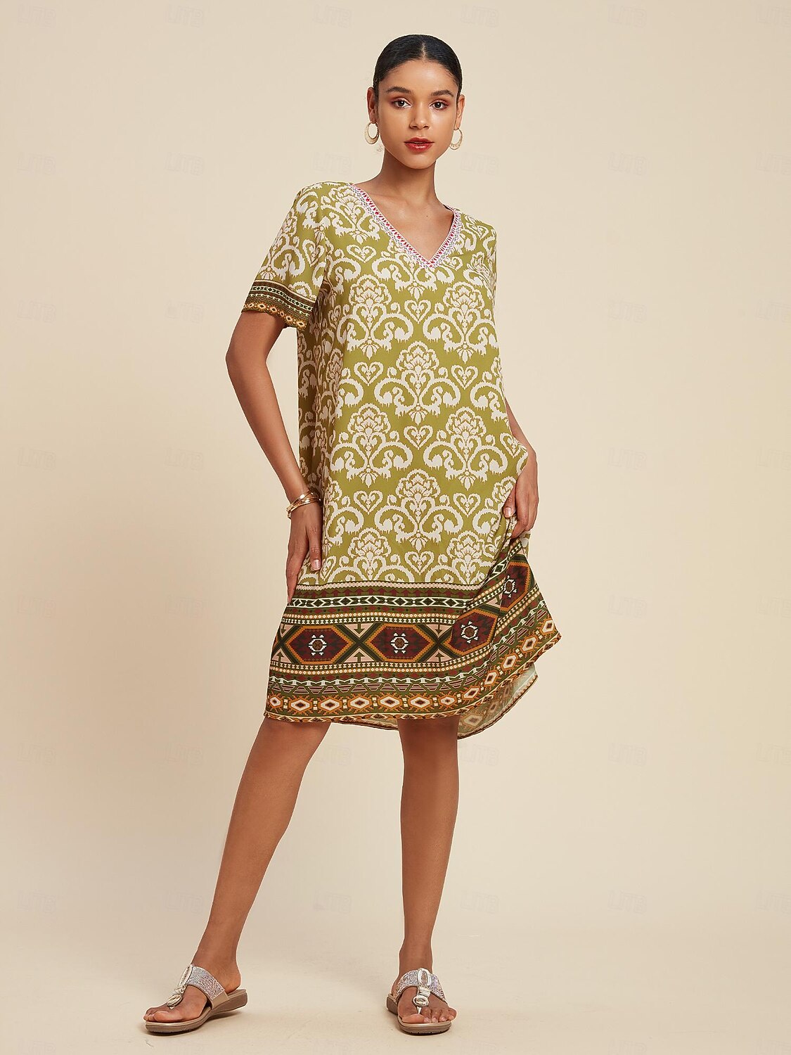 Chiffon Geometric Boho V Neck Short Sleeve Mini Dress 2025 - $72.99 –P1
