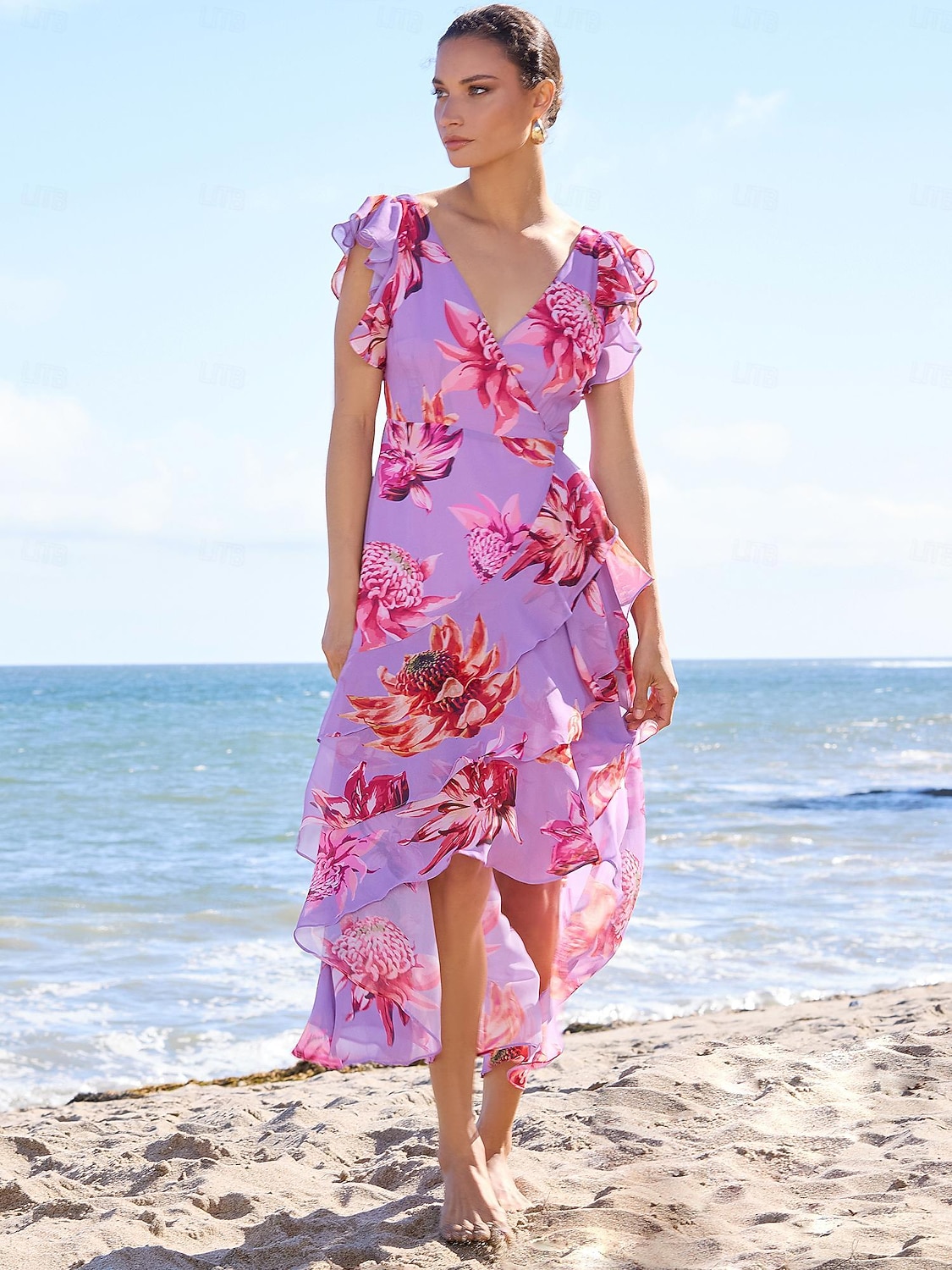 Per donna Vestito Estivo Abito Floreale Abito Estivo Abito al ginocchio Viola Senza Maniche Motivo Floreale Moda Fiori Volant Stile Floreale Stampa Primavera & Estate Scollo incrociato Con balze del 2026 a $64.99 –P4