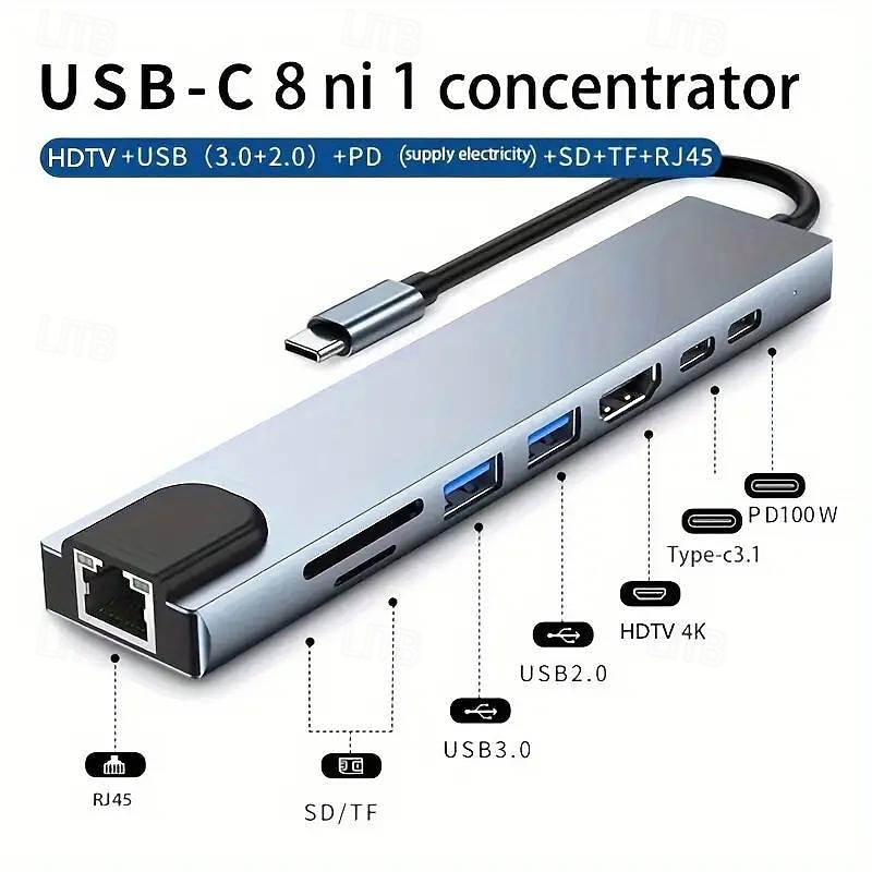Универсальная док-станция type-c8 с сетевой картой, концентратор USB3.0, док-концентратор для ноутбука 2025 - $26.99 –P6