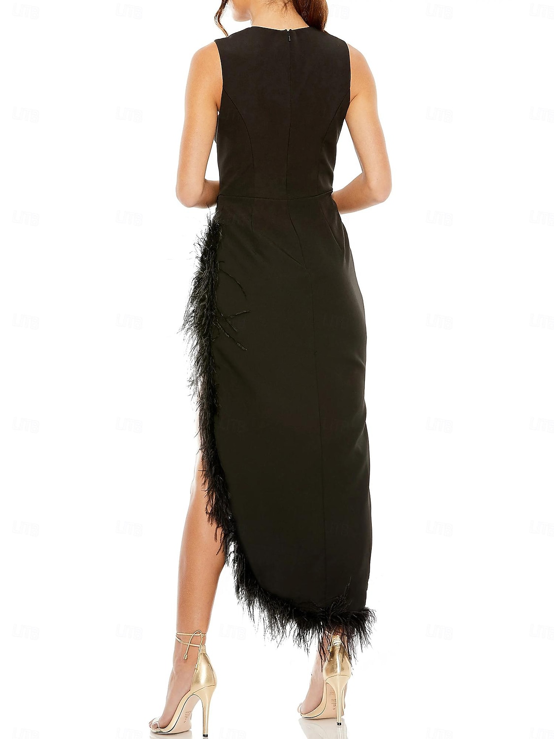 Robes de cérémonie maigre Noires Élégante Robe Formelle Cocktail Thé Longueur Sans manches Col bijou Crêpe extensible avec plumes de 2026 ? $175.99 –P2