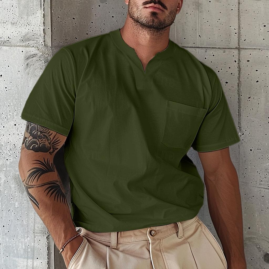 Voor heren T-shirt Korte mouw V-hals Zomer Effen Modieus Ontwerper Basic Knop Voorvak Vakantie Uitgaan Casual / Dagelijks Licht Blauw Legergroen Marine Top T-shirt voor mannen 2025 - $17.99 –P10