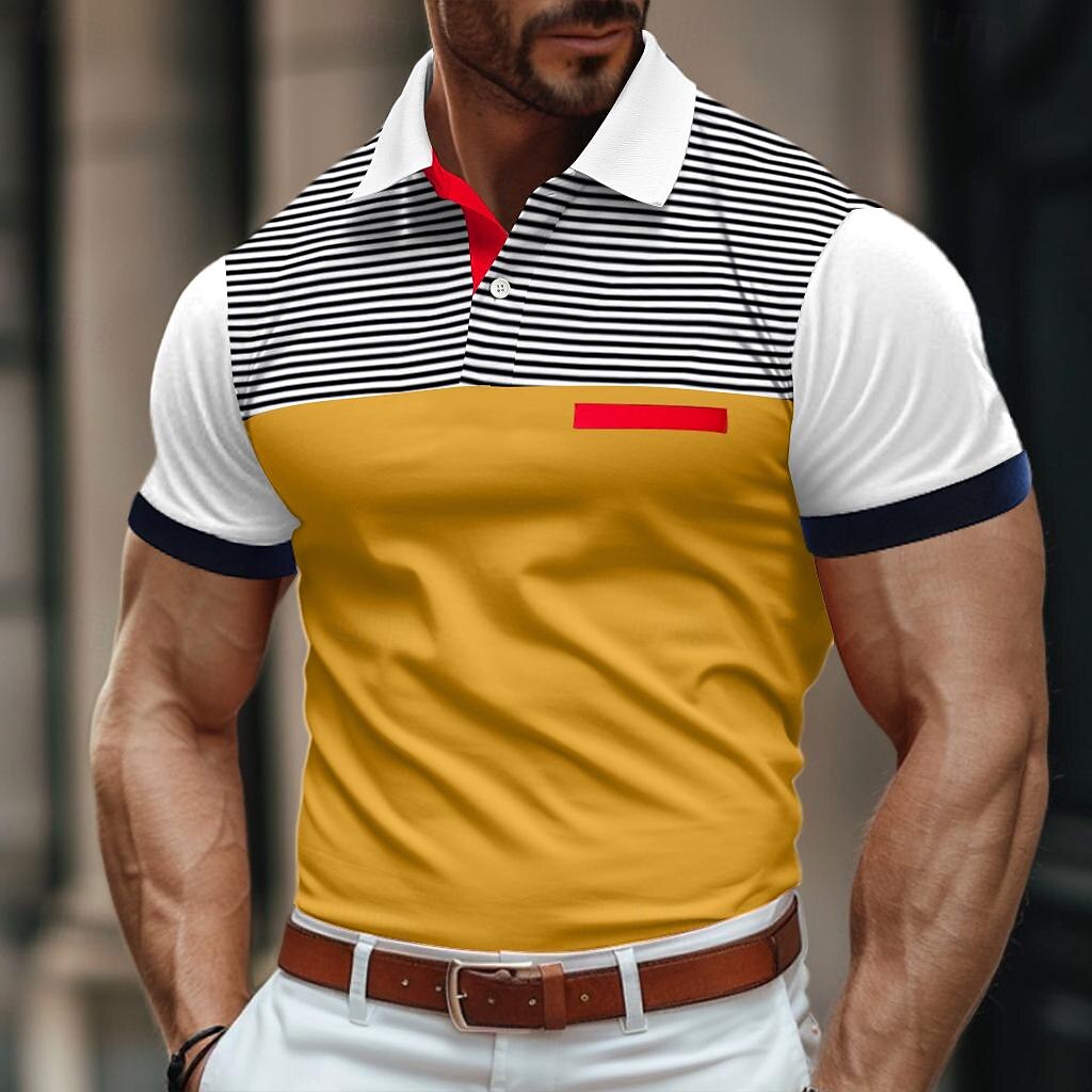 Homens Camiseta Polo Camisa de golfe Casual Feriado gola pólo com nervuras Manga Curta Moda Básico Bloco de cor Riscas Clássico Verão Normal Branco Amarelo Vinho Azul Marinho Azul Céu Camiseta Polo de 2025 por $22.99 –P12