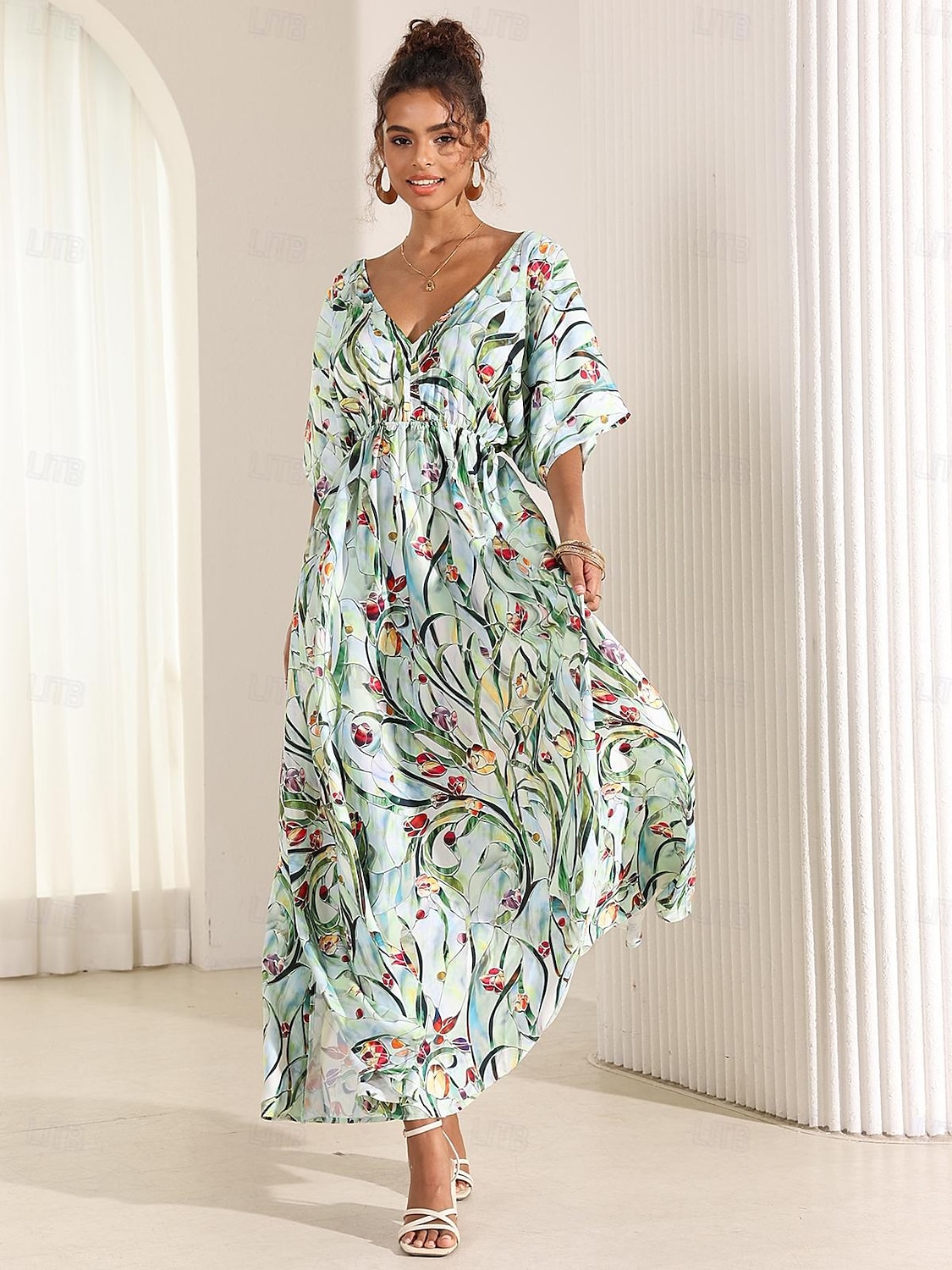 Femmes Robe Midi Robe évasée Robe trapèze Robe d'été Élégant Bohème Tropical Manche flottante Vacances Quotidien Date Coupe Ample Fleuri Manche Courte Col en V Bleu Vert Été de 2025 ? $49.99 –P9