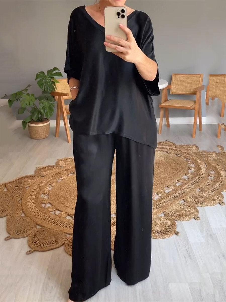 Damen Stilvoll T Shirt Hose mit weitem Bein 3/4 Ärmel V Ausschnitt Glatt Festtage Wochenende Silber Schwarz Rosa Sommer Regular Fit 2025 - $36.99 –P1