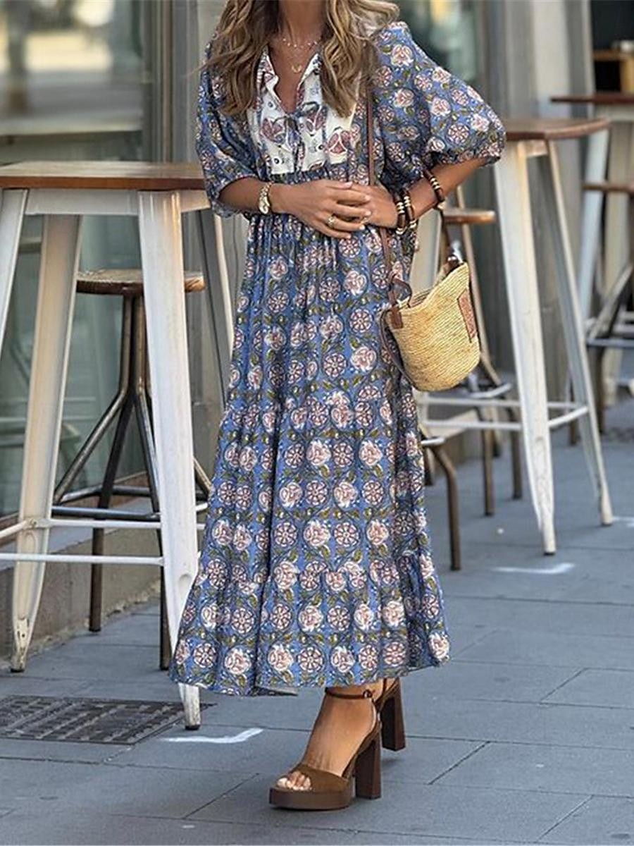 Femme robe longue robe boheme Bohème Vacances Rendez-vous Standard Floral Demi Manches Col V Bleu Eté de 2025 ? $33.99 –P3