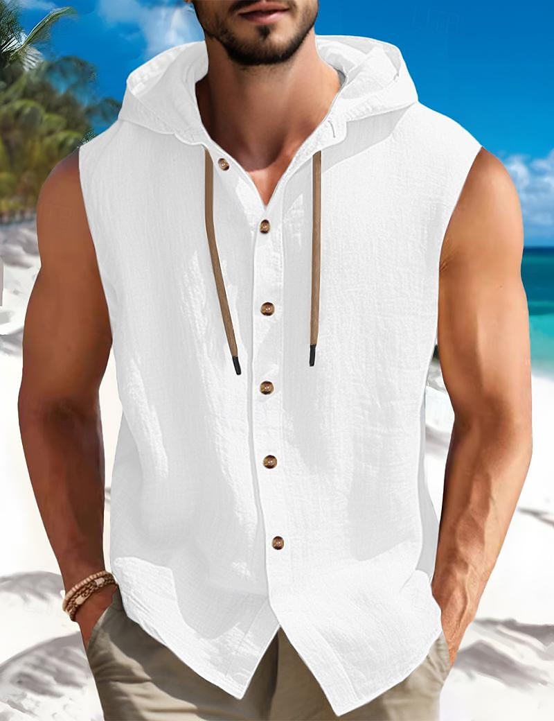Per uomo Camicia Camicia estiva Abbigliamento mare Camicia con bottoni Liscio Da mare Curise Nero Bianco Blu Cachi Senza maniche Con cappuccio Estate Primavera Abbigliamento del 2025 a $22.99 –P1