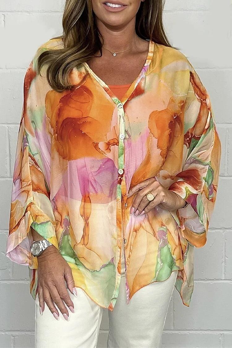 Women's Blouse Elegant Ombre Buttons Flutter Sleeve Long Sleeve Regular Tops V Neck Daily Pink Blue Orange Green Summer Fall 2025 - $27.99 –P1