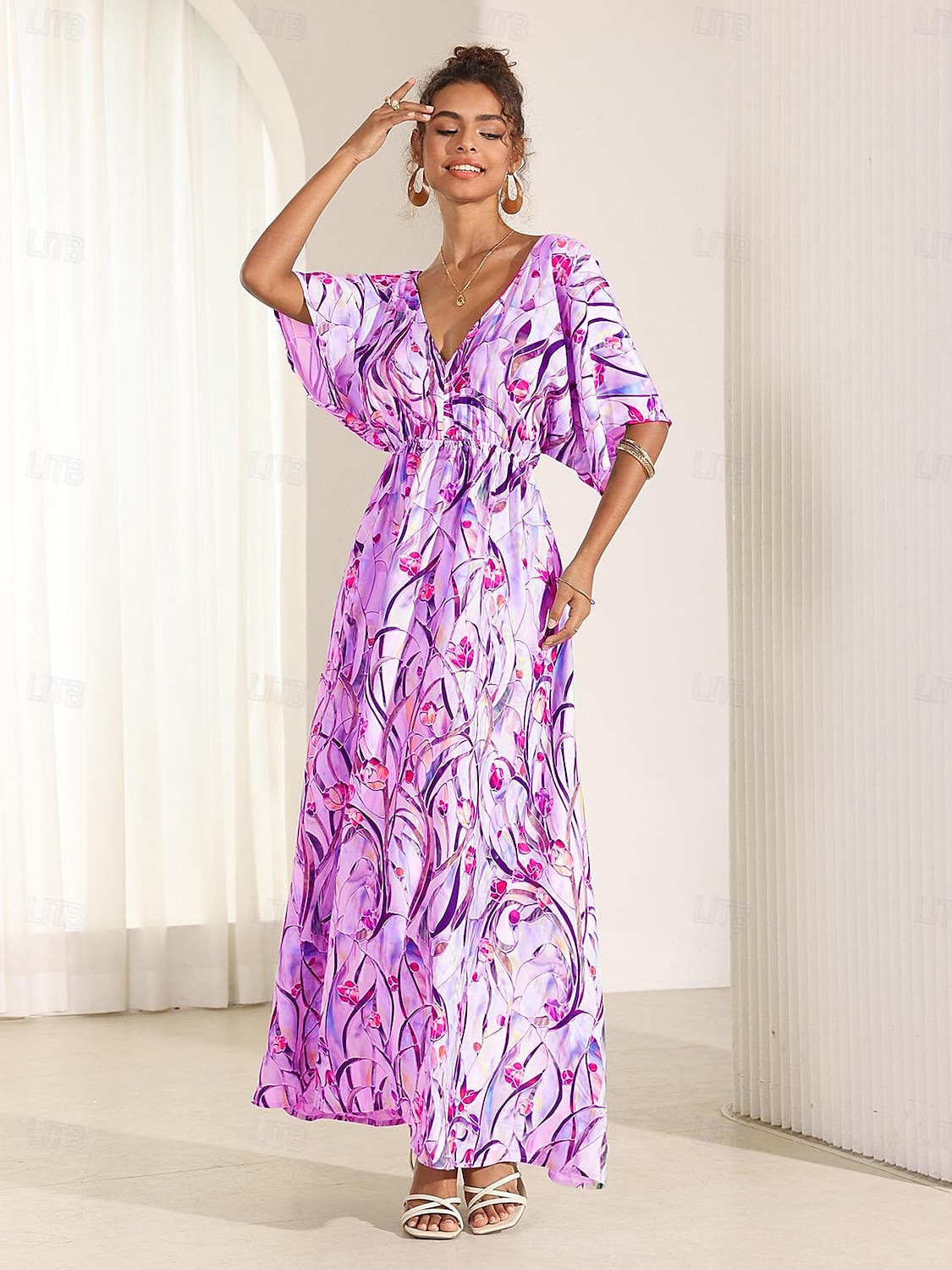 Femmes Robe Midi Robe évasée Robe trapèze Robe d'été Élégant Bohème Tropical Manche flottante Vacances Quotidien Date Coupe Ample Fleuri Manche Courte Col en V Bleu Vert Été de 2025 ? $49.99 –P10