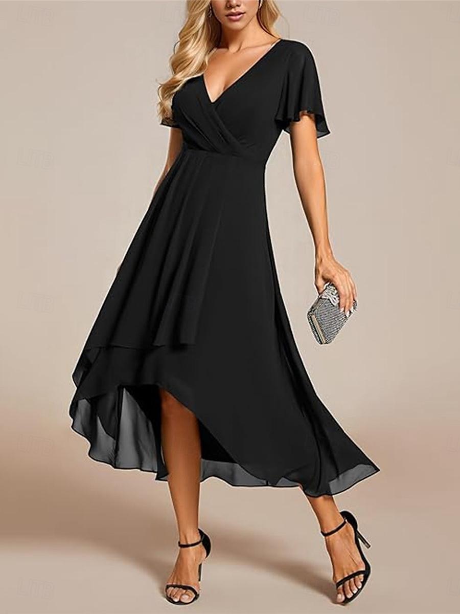 Per donna Abiti in chiffon Vestito maxi Chiffon Con balze Ufficio Cocktail party Elegante Da cerimonia A V Manica corta Nero Bianco Rosa Colore del 2025 a $50.99 -P1