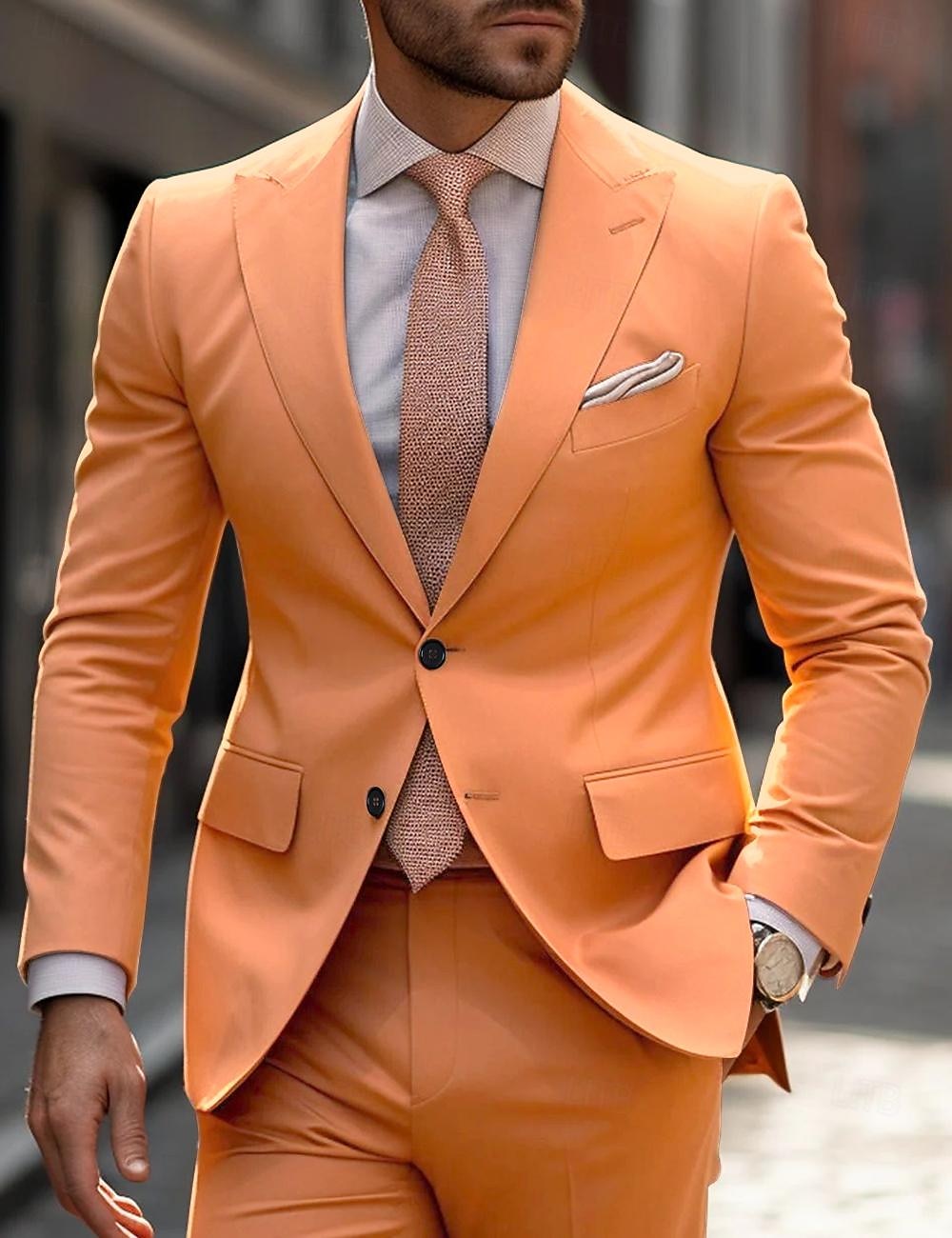 Completi da matrimonio per uomini in arancione e khaki moda business a tinta unita taglio su misura 2 pezzi a due bottoni monopetto del 2025 a $122.99 –P2