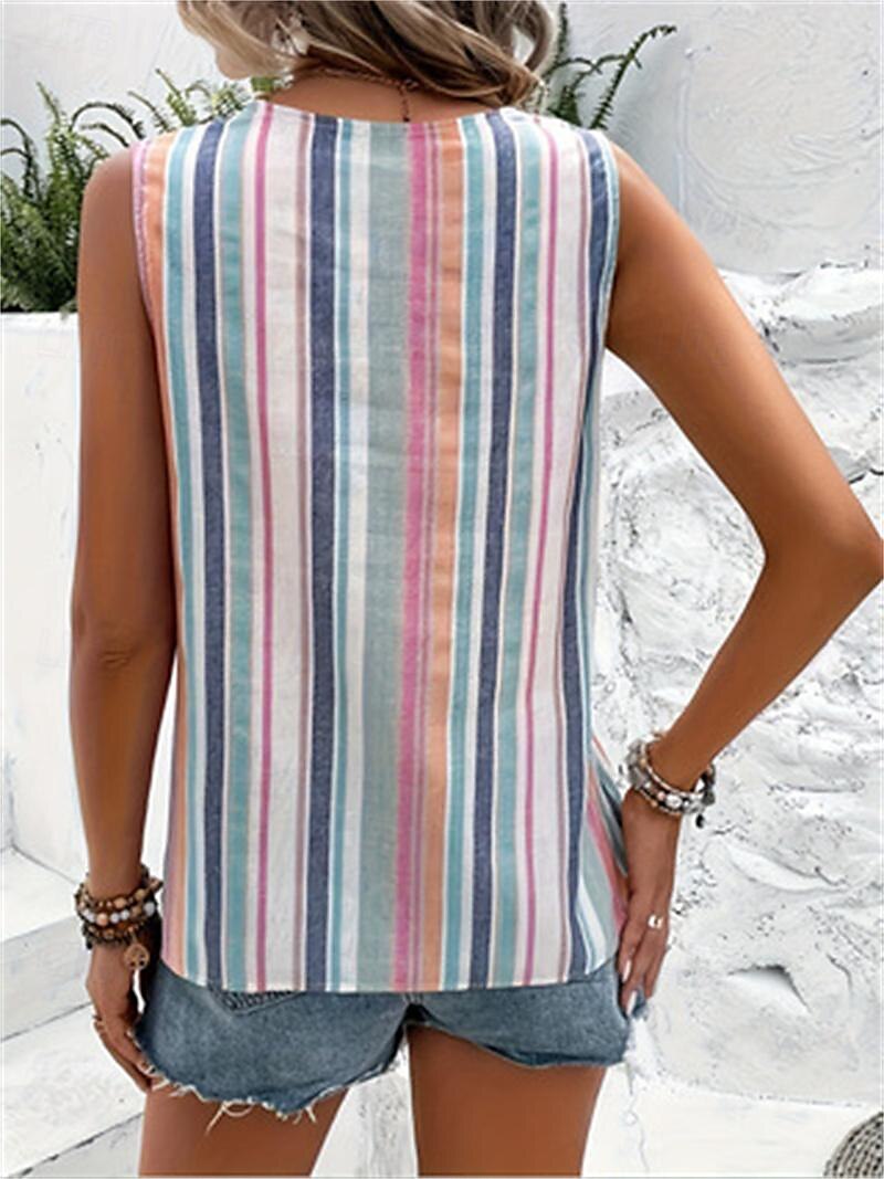 Női top camisole hétköznapi csíkos gombos nyomott ujjatlan normál fazonú V nyakú napi rózsaszín nyár 2025 - $21.99 –P3