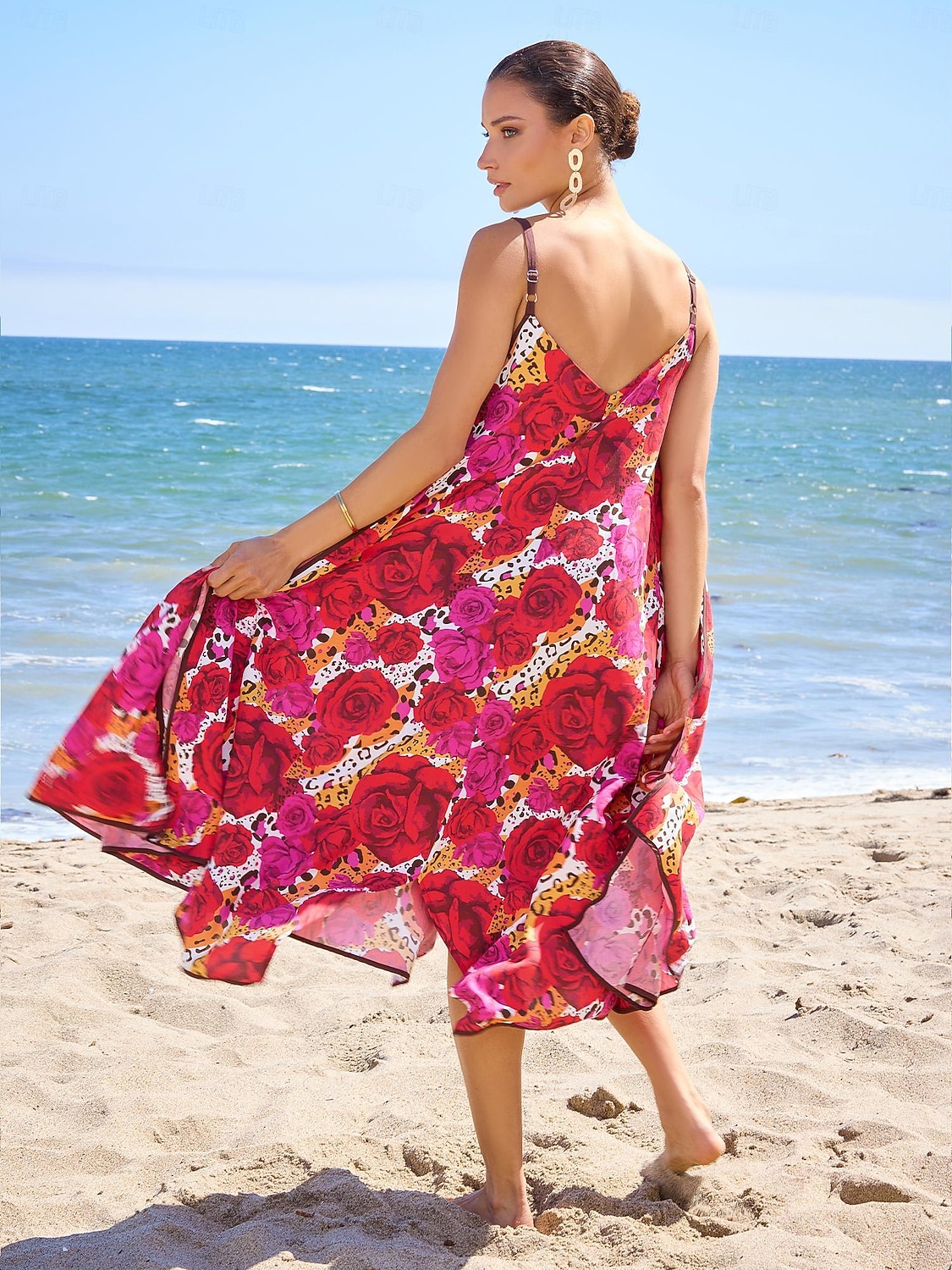 Dam Bandklänning Solklänning Sommarklänning Midiklänning Rubinrött Rem Tryck Reste sig Blommor V-ringad Mönster Asymetrisk fåll Vår & sommar V-hals Sexig V-Front semester klänning Semester S M L 2026 - $102.99 –P2